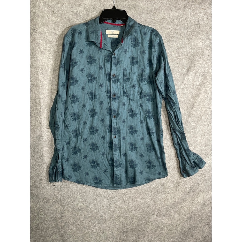 Fox Life Originals Mens Teal Blue Floral Print Cotton Button Down Shirt‎ Size 38